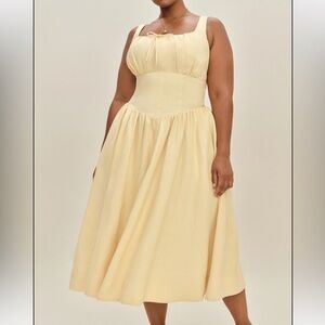 Reformation Bella Linen Dress Size: 24 Butter Yellow Parmesan Fitted Bodice Bow
